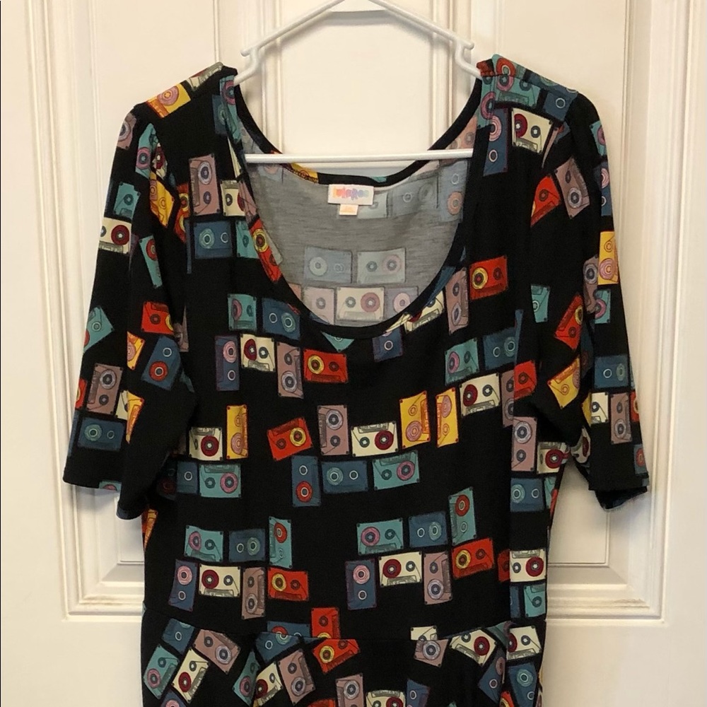 Lularoe Nicole Black Background With Multi-color Cassette Pattern